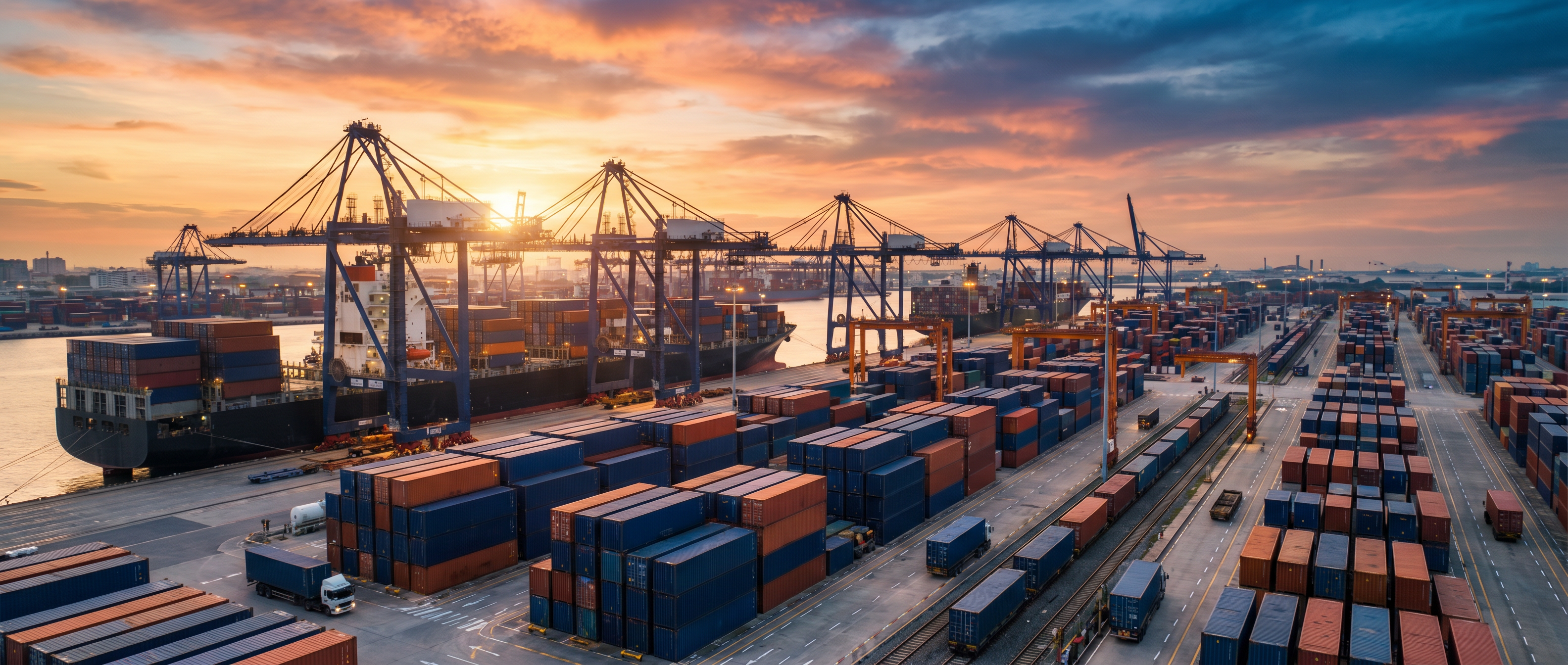 Global container port at golden hour - ZENOR Supply Chain